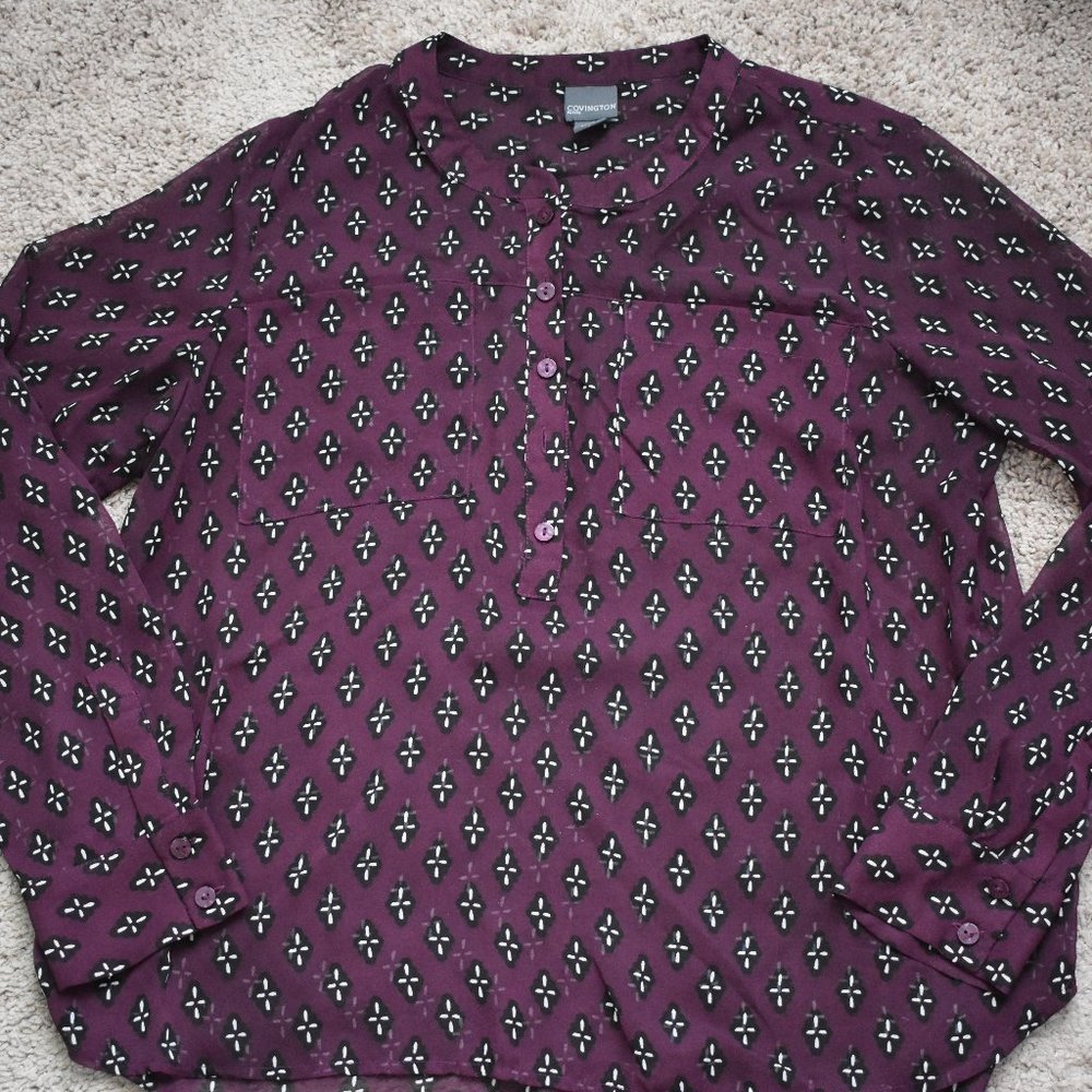Covington Petite Purple Sheer Long Sleeve Shirt Size Large